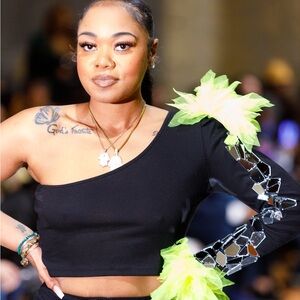 Black One-Shoulder Crop Top with Neon Green Accents